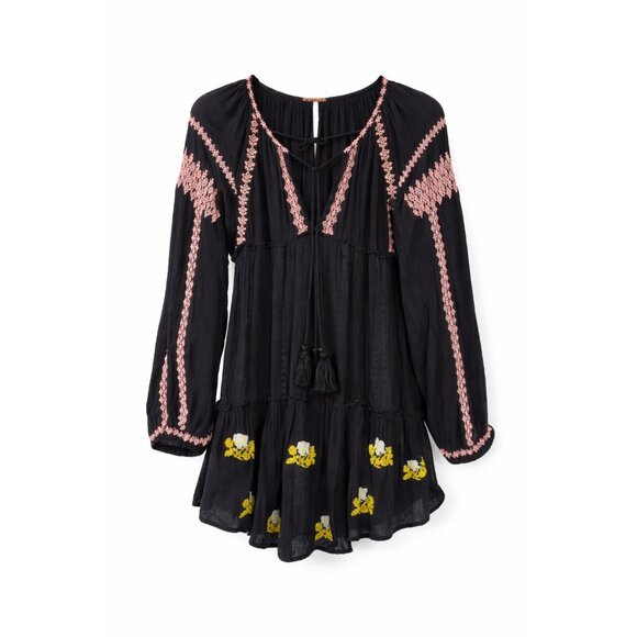 Free People Black Boho Embroidered Tunic Mini Dress Long Sleeve Size L - Picture 3 of 13